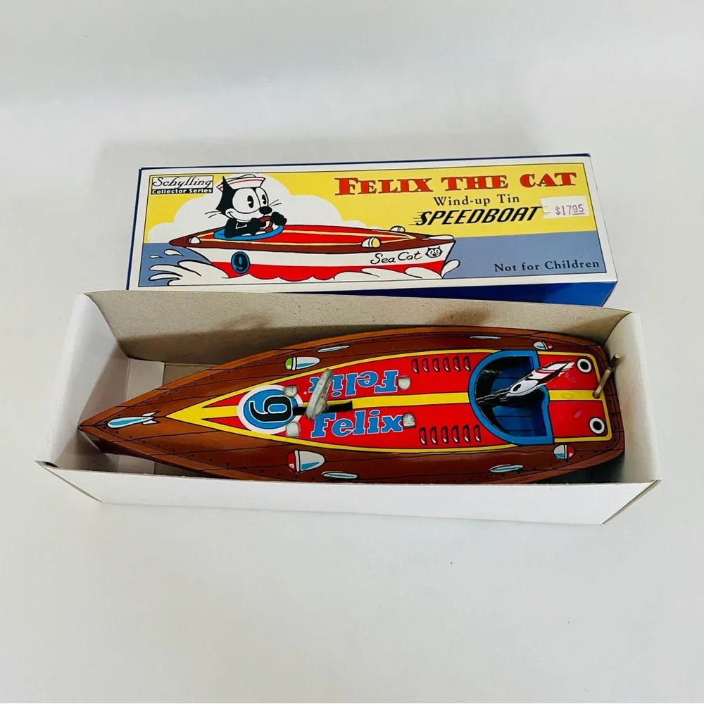 Schylling Felix the Cat Tin Speedboat Toy Red and Blue